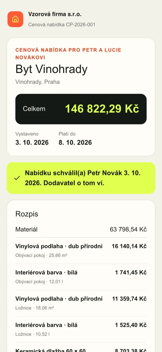 Schválená nabídka se jménem klienta